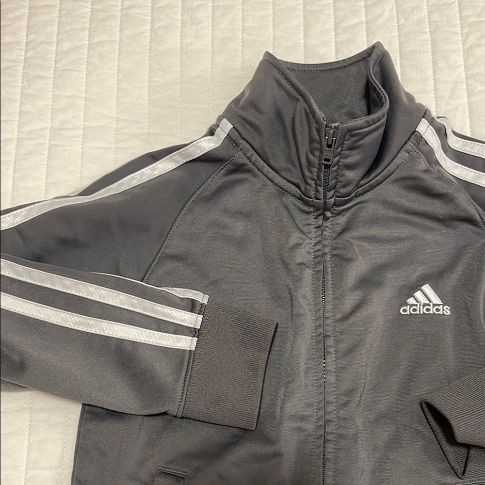 Adidas Kids Boys Gray and White Track Jacket with Iconic 3 Stripes